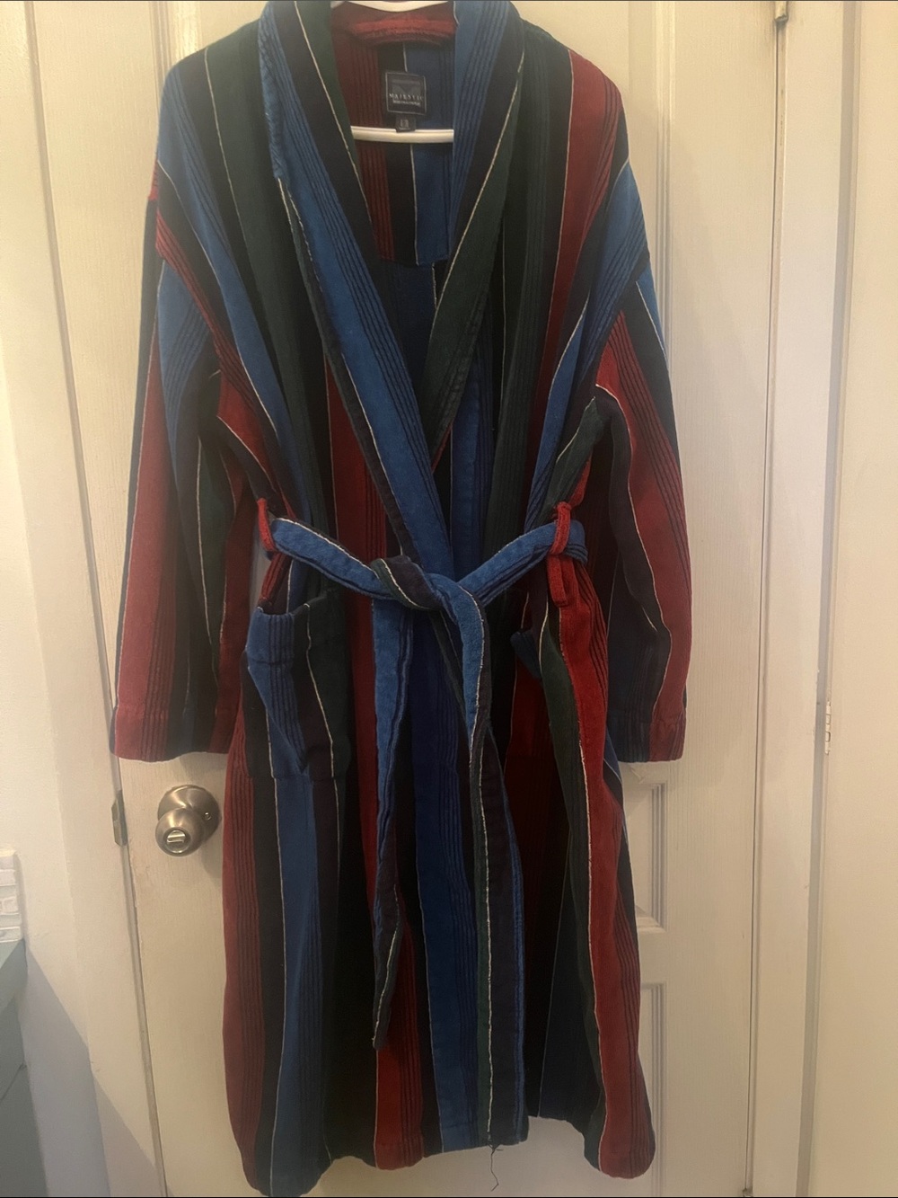 Plush Blue, Burgundy and Navy Striped Robe with Waist Tie